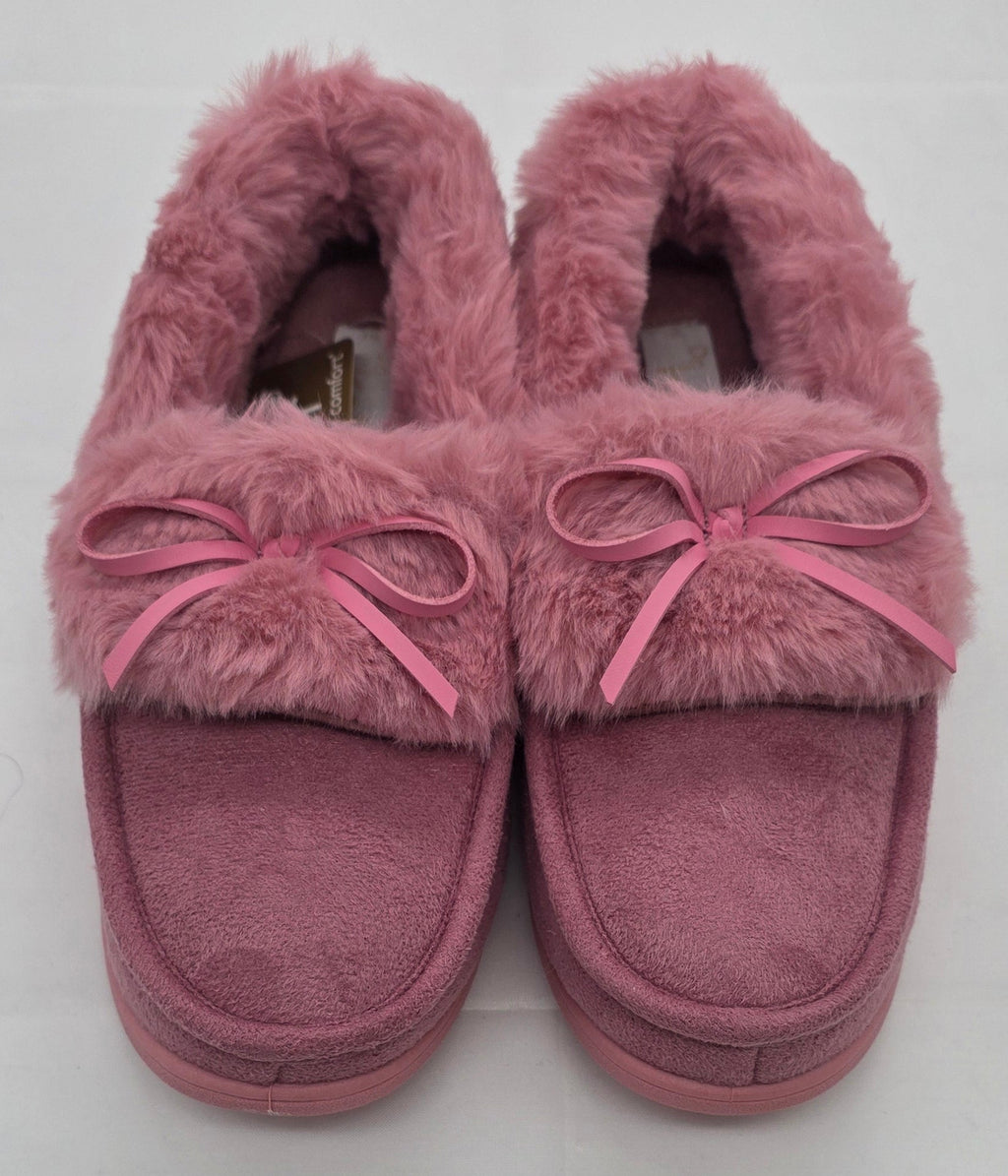 Pink faux fur moccasin slippers with satin bow detail
