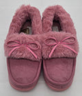 Pink faux fur moccasin slippers with satin bow detail