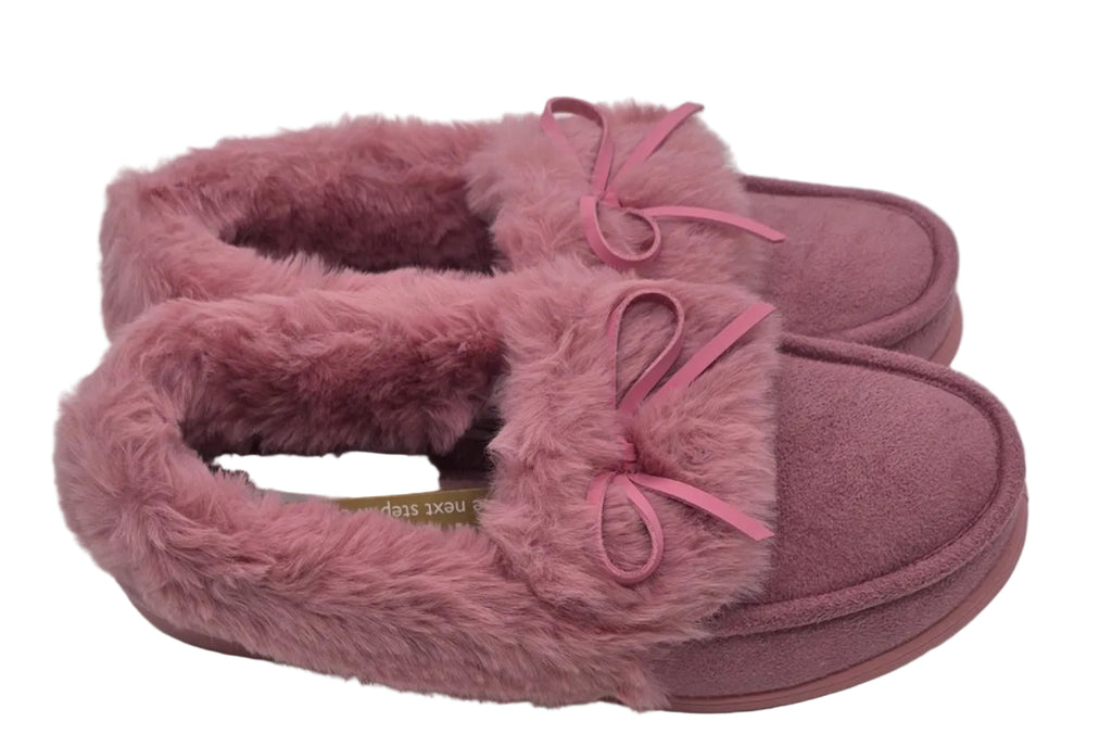 Pink Faux Fur Moccasin Slippers