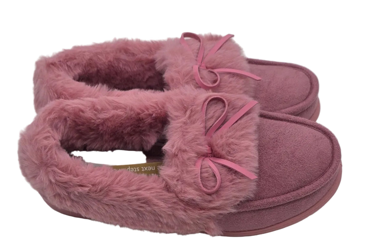 Pink Faux Fur Moccasin Slippers