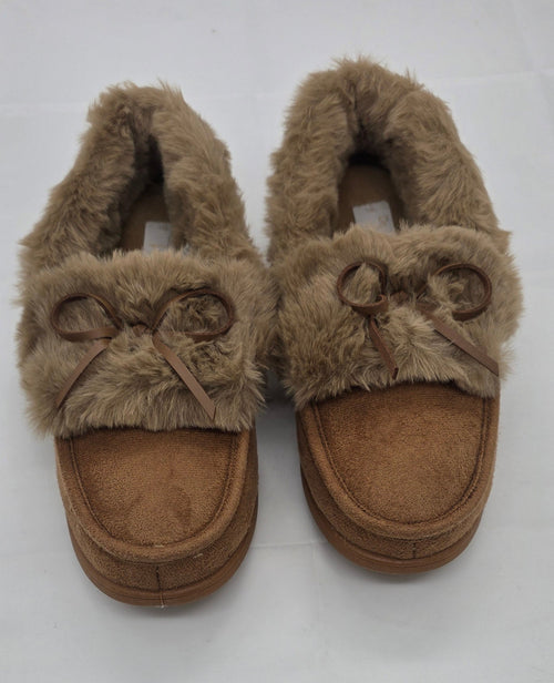 Camel faux fur moccasin slippers with bow tie detail