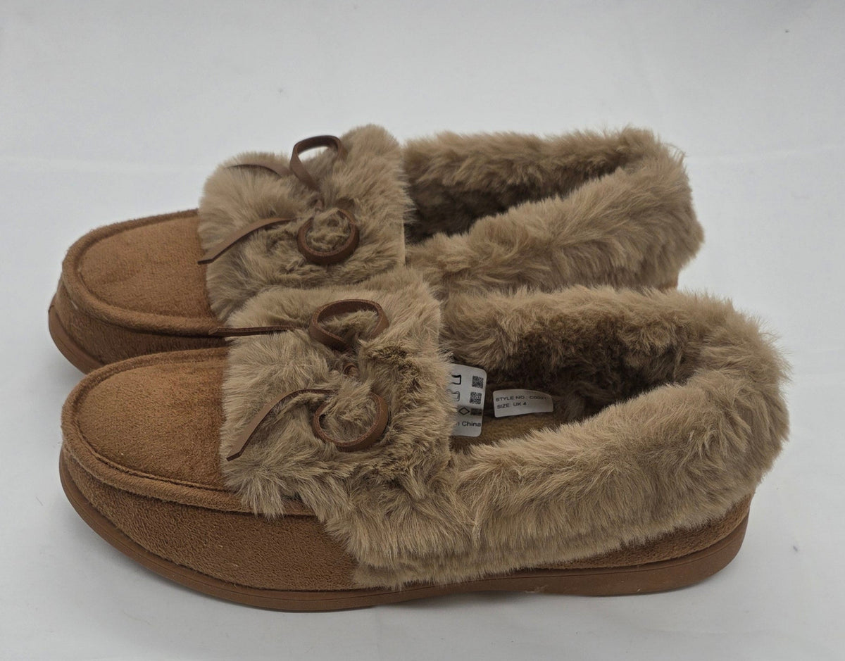 Camel Faux Fur Moccasin Slippers