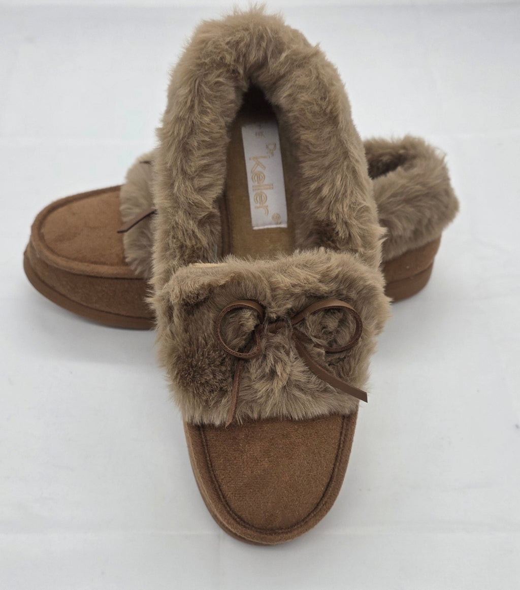 Camel Faux Fur Moccasin Slippers