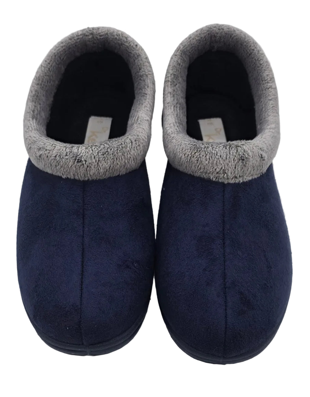 Women's navy faux fur-lined slippers with grey cuff, front view