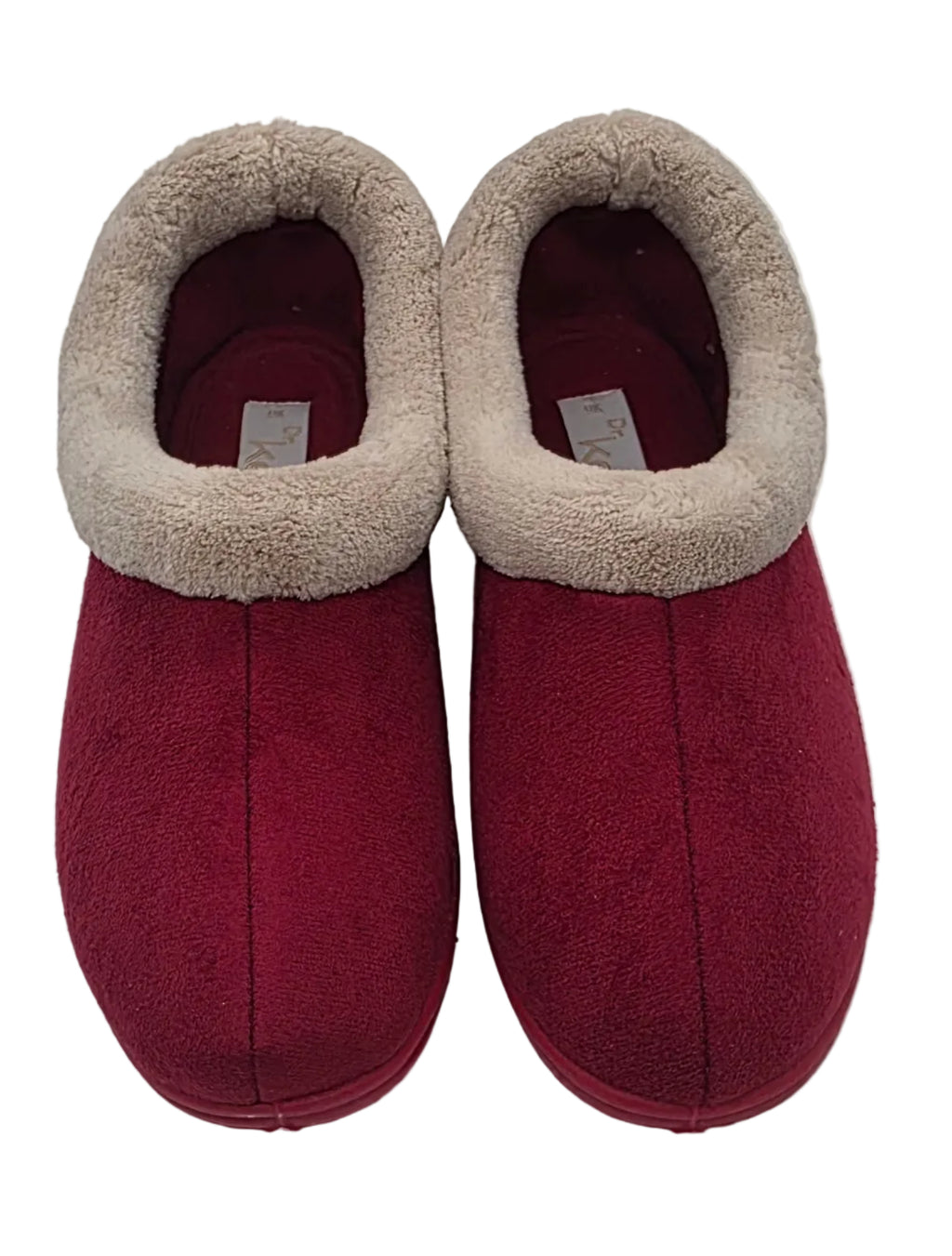 Women's burgundy faux fur-lined slippers with cream cuff, front view