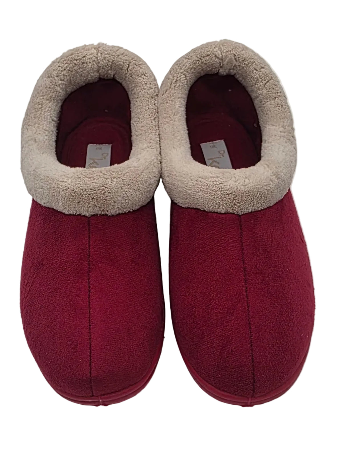 Women's burgundy faux fur-lined slippers with cream cuff, front view