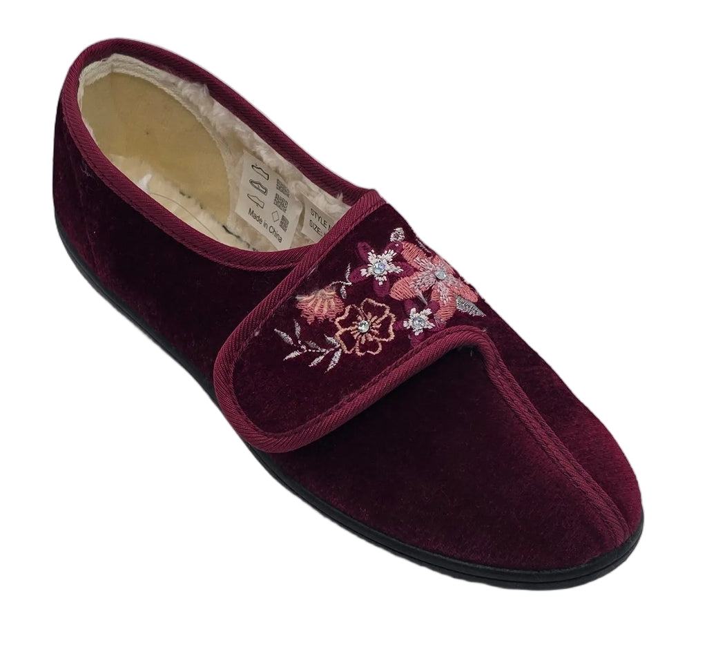Women's Floral Embroidered Velvet Slippers – Burgundy