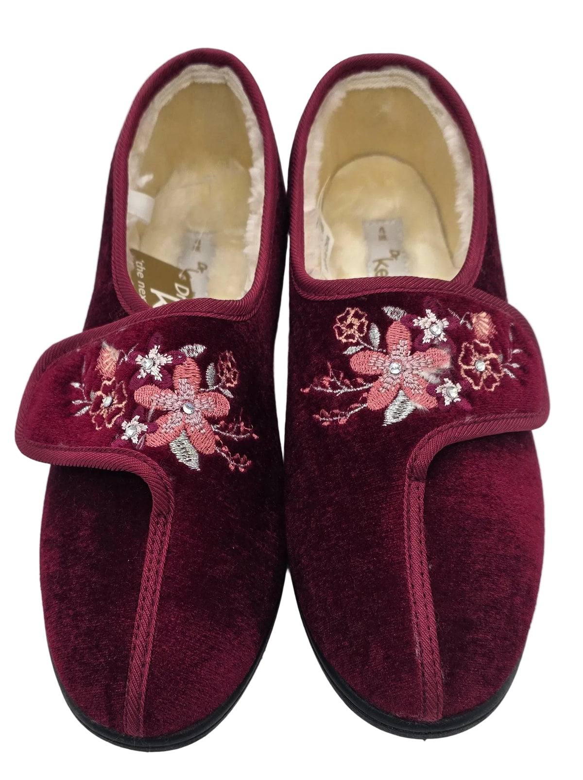 Women's burgundy velvet slippers with floral embroidery and velcro strap, front view