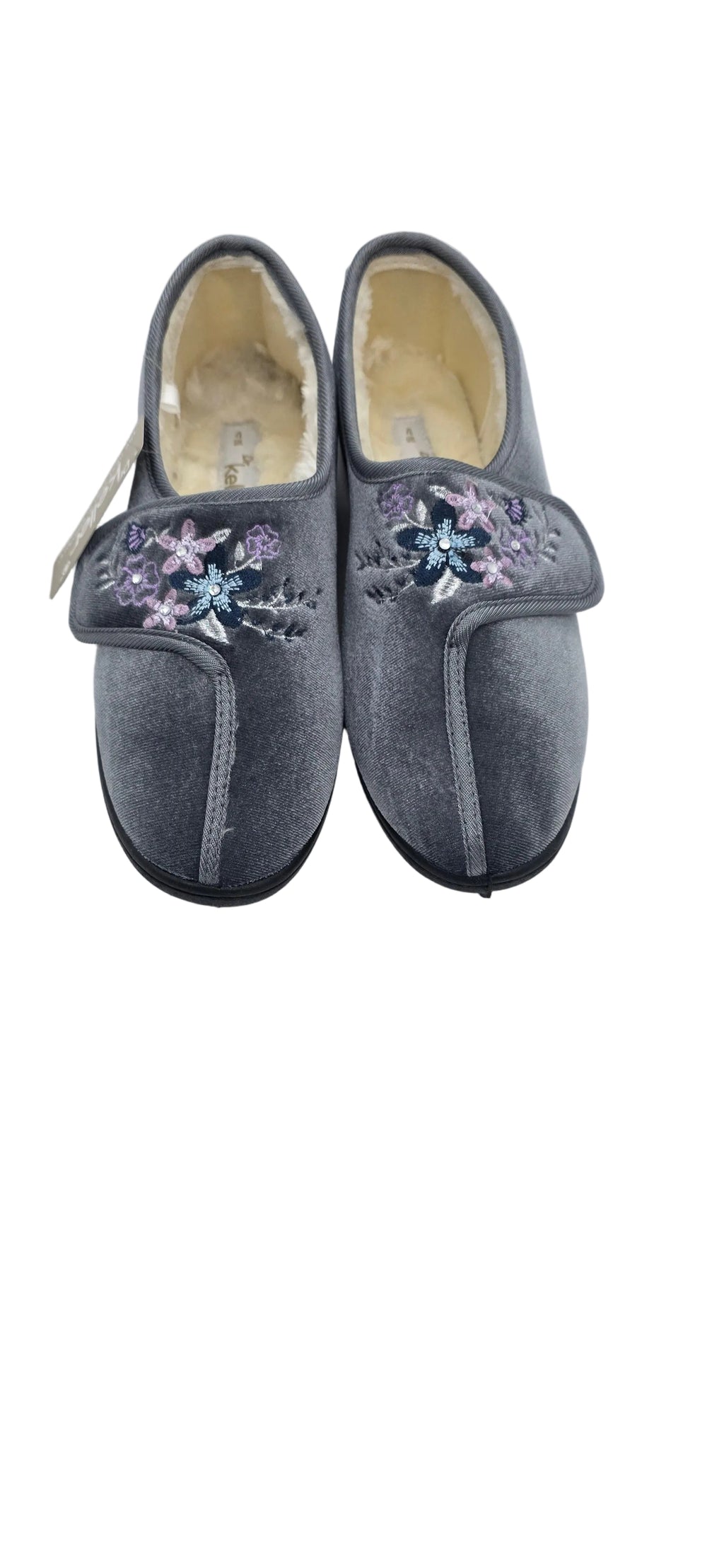 Women's grey floral embroidered velvet slippers with velcro strap, front view