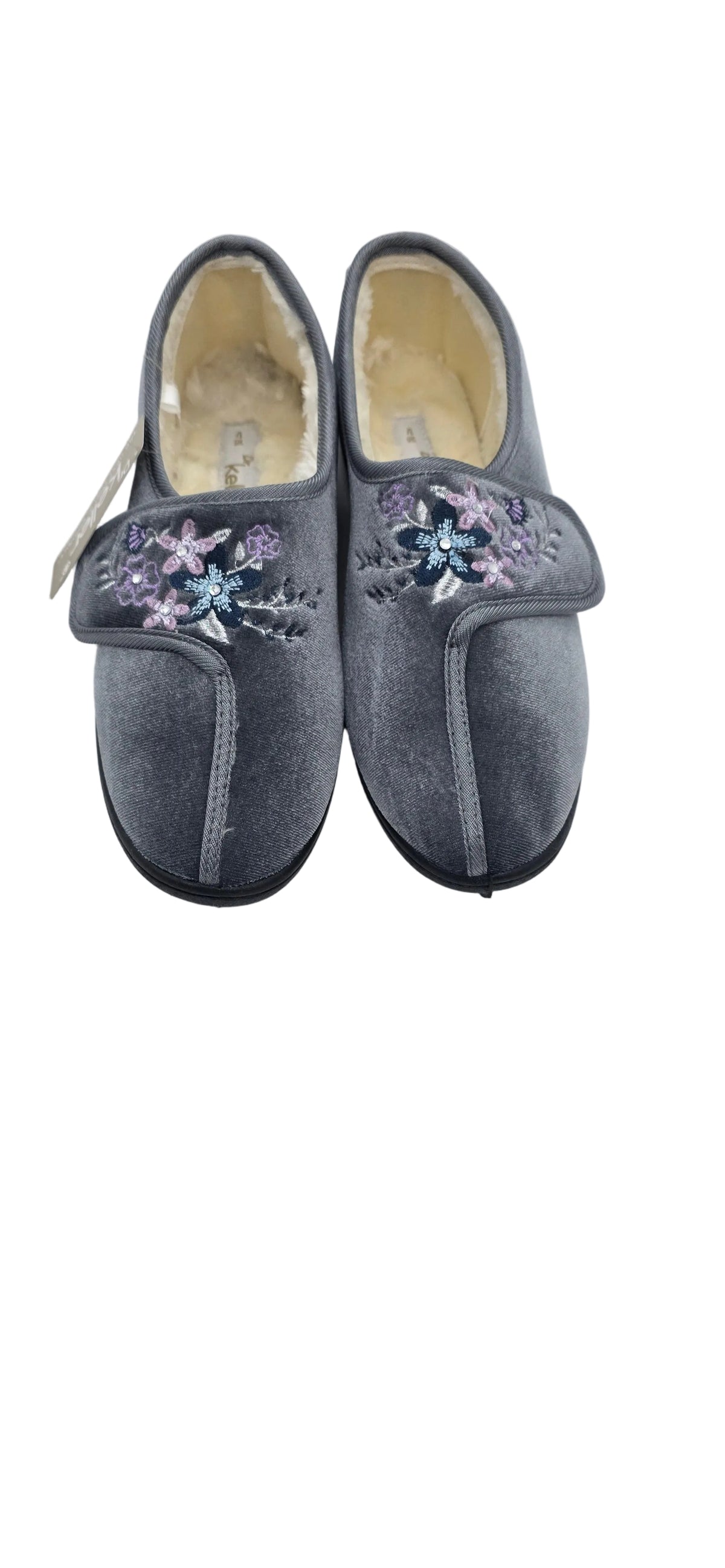 Women's grey floral embroidered velvet slippers with velcro strap, front view