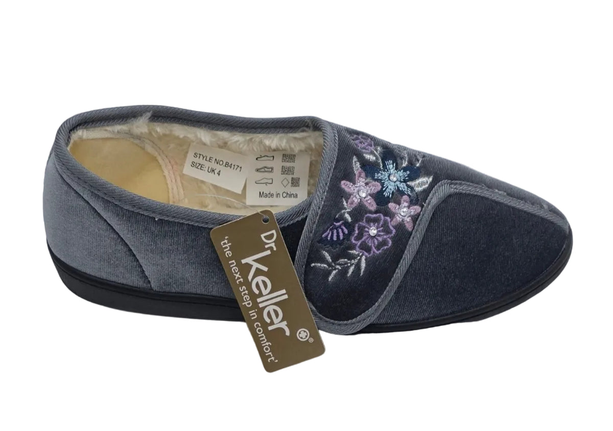 Women's Floral Embroidered Velvet Slippers – Grey