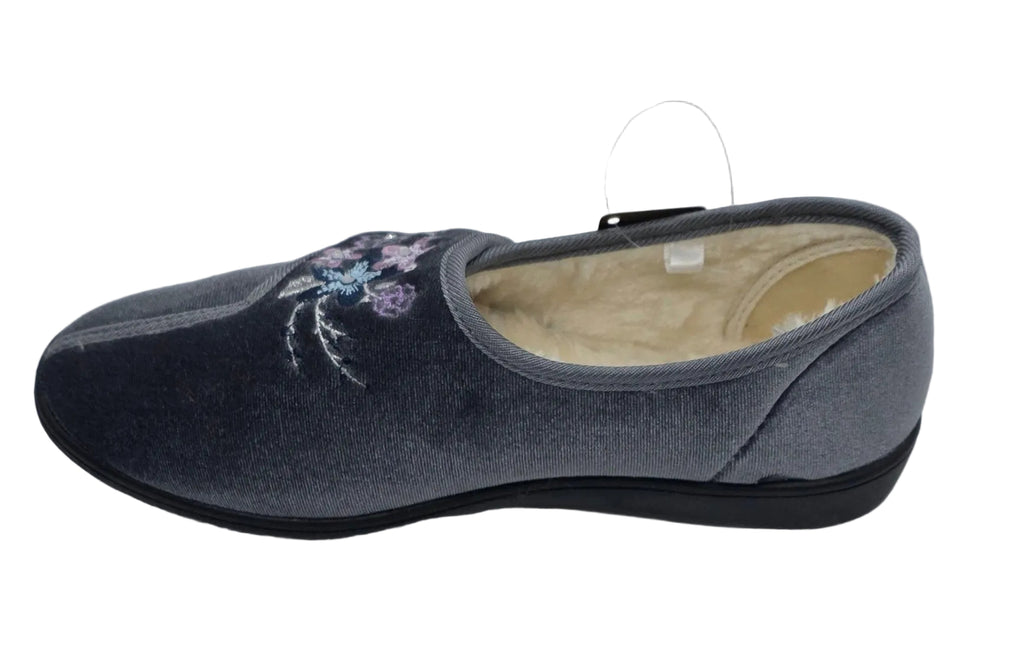 Women's Floral Embroidered Velvet Slippers – Grey