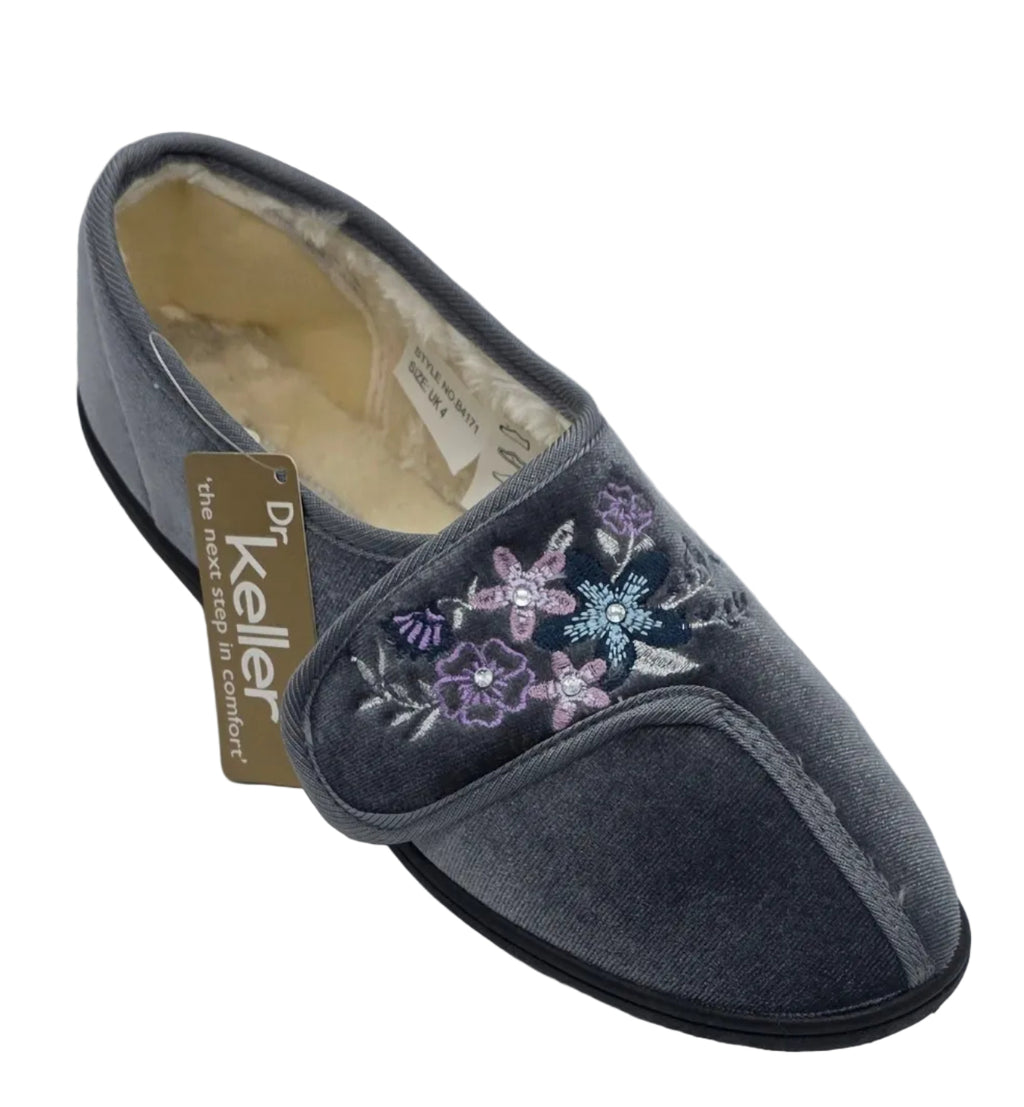 Women's Floral Embroidered Velvet Slippers – Grey