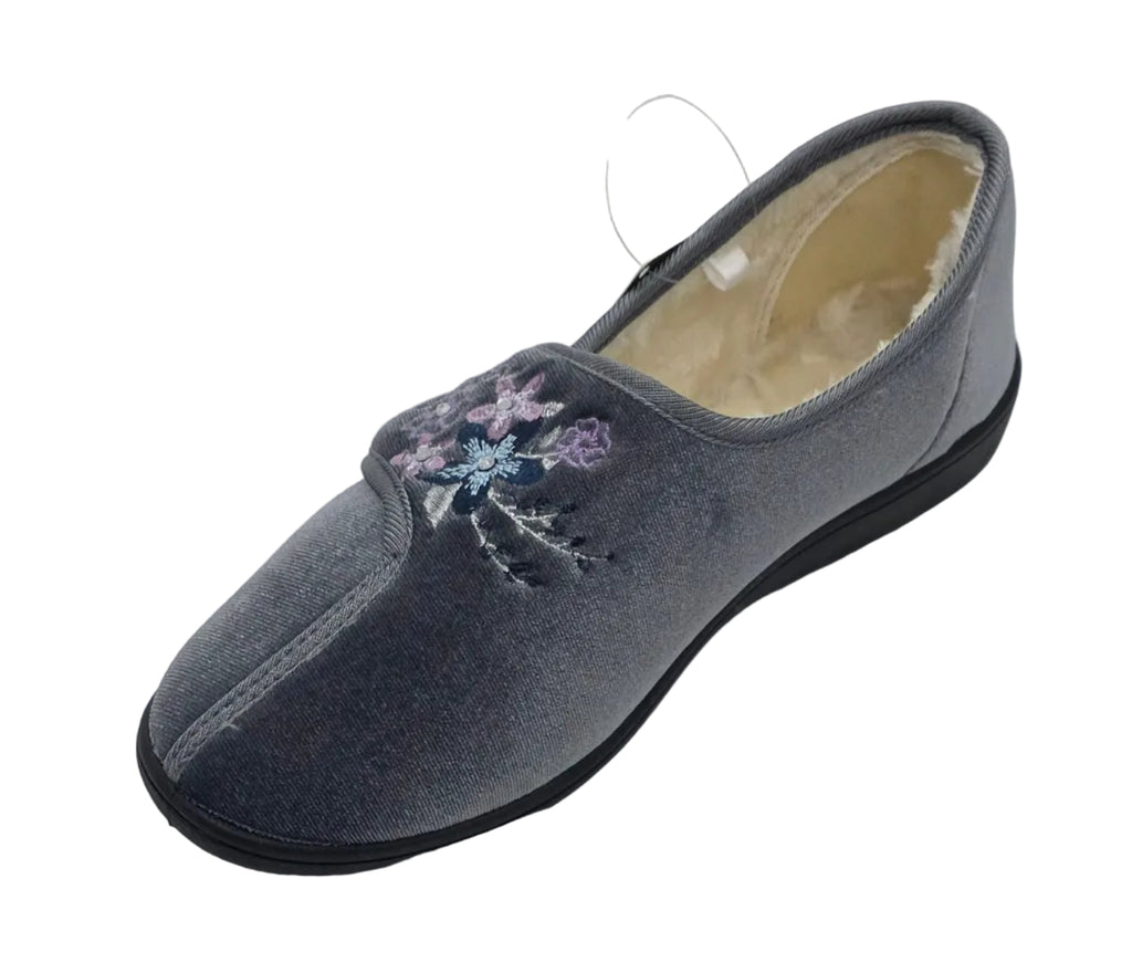 Women's Floral Embroidered Velvet Slippers – Grey