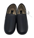Pair of black slip-on slippers with rounded closed toes and light-coloured lining