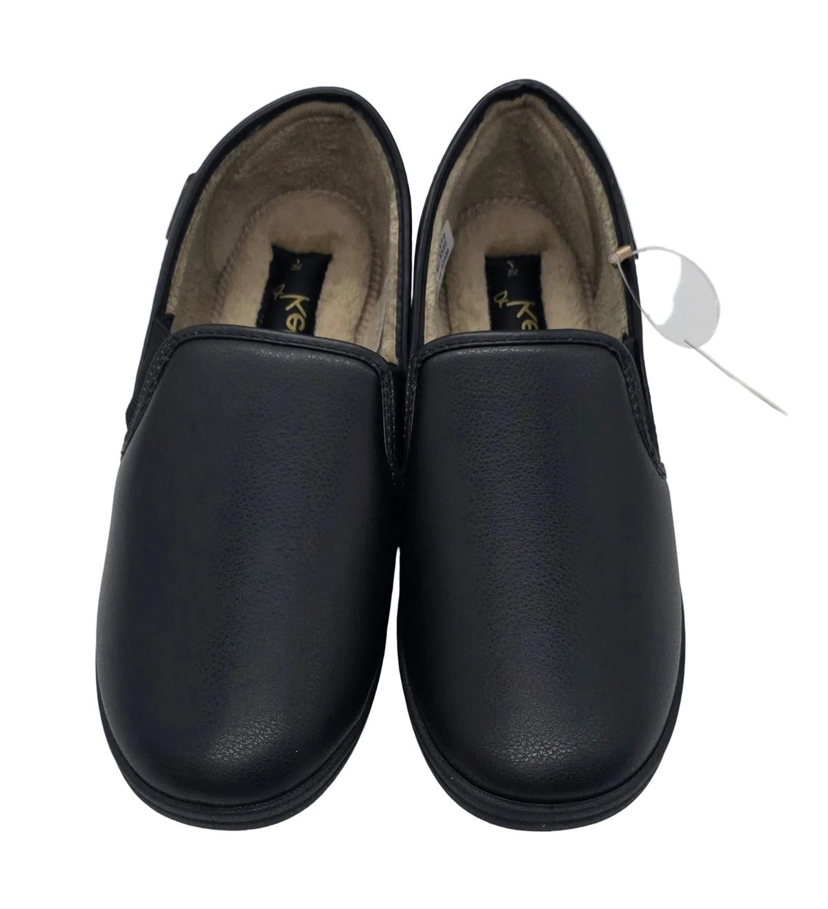 Pair of black slip-on slippers with rounded closed toes and light-coloured lining