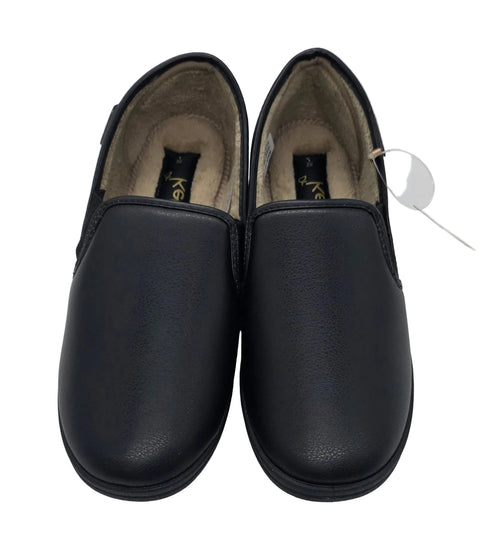 Pair of black slip-on slippers with rounded closed toes and light-coloured lining