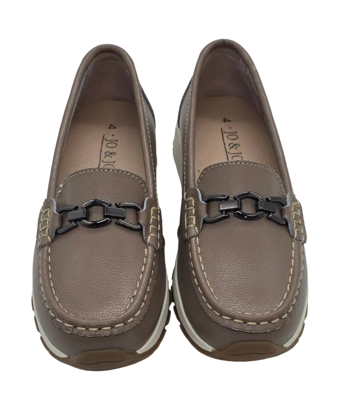 Women's taupe chain-detail loafers - front view