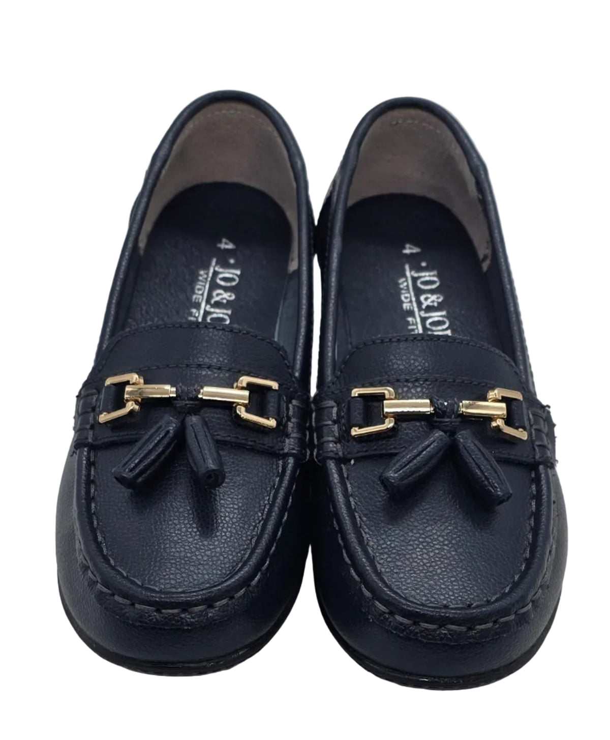 Girls' navy tassel and chain loafers - front view