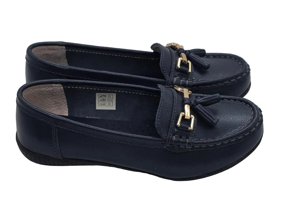 Womens, Navy Tassel & Chain Loafers