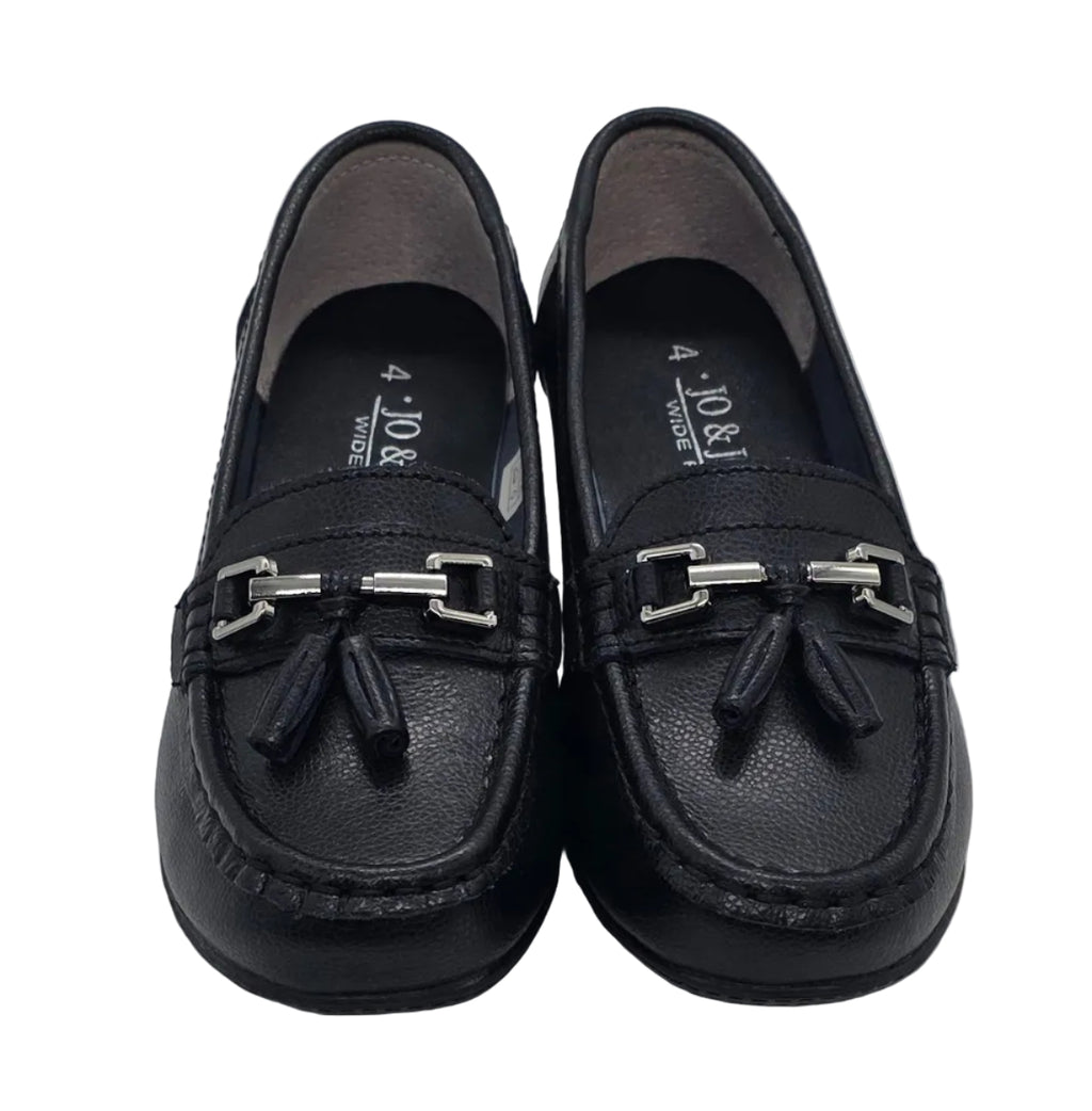 Women's black tassel and chain loafers - front view