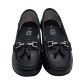 Women's black tassel and chain loafers - front view