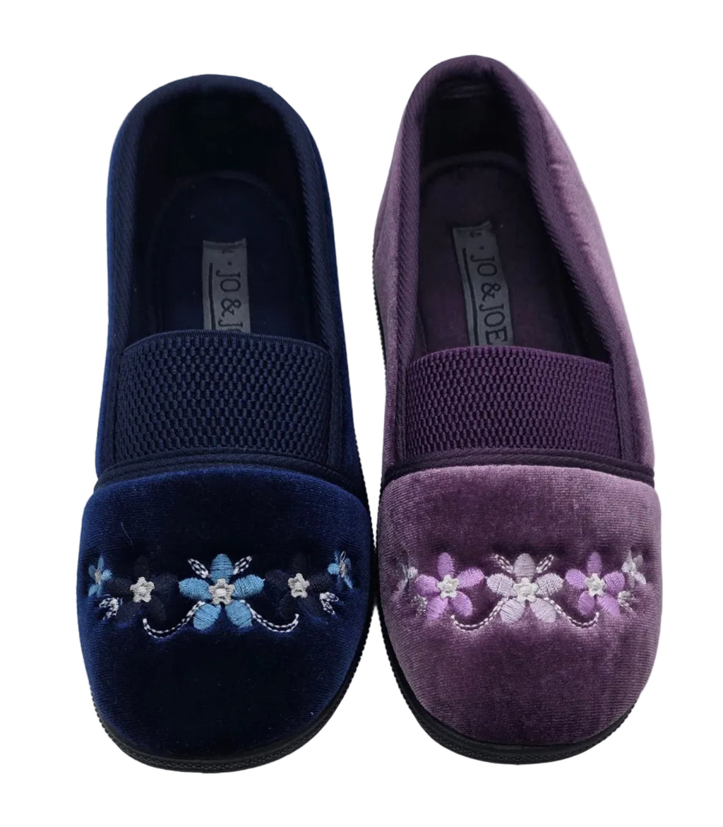 Women's wide fit embroidered slippers in Navy and Purple