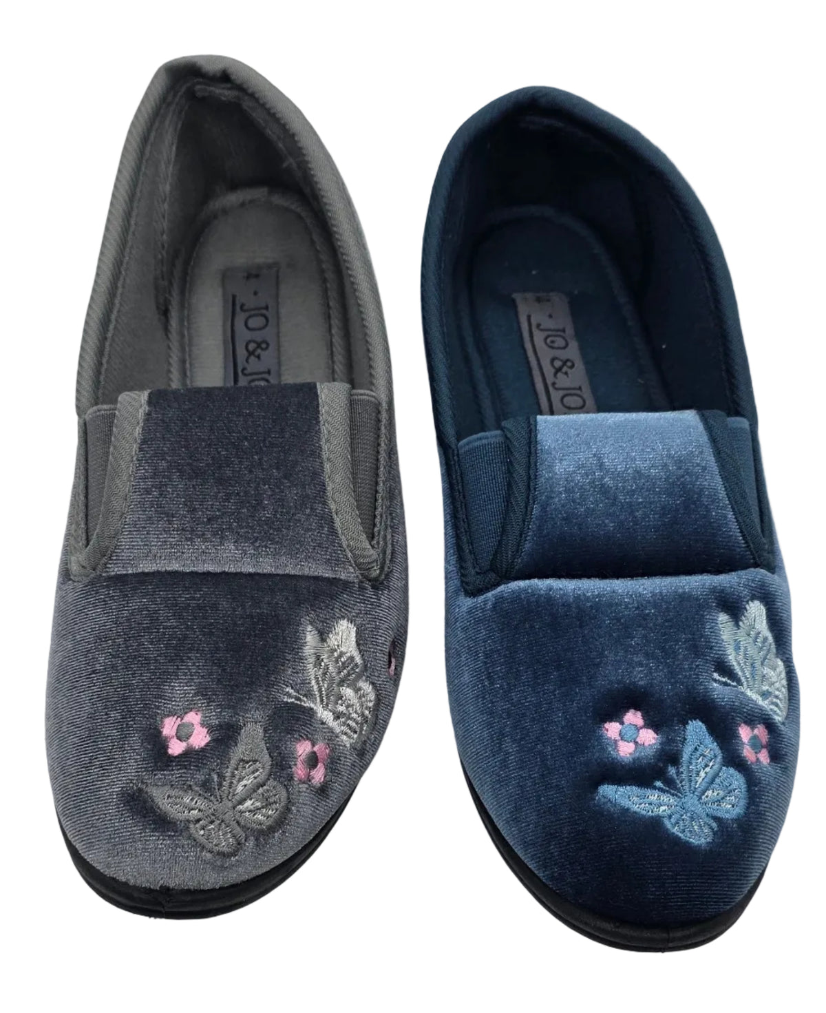 Women's wide fit butterfly embroidered slippers in Grey and Blue