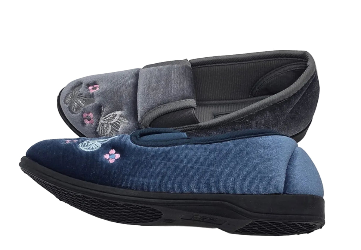 Women's Wide Fit Butterfly Embroidered Slippers