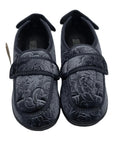 Charcoal closed-back slippers with tonal floral pattern and wide fastening straps