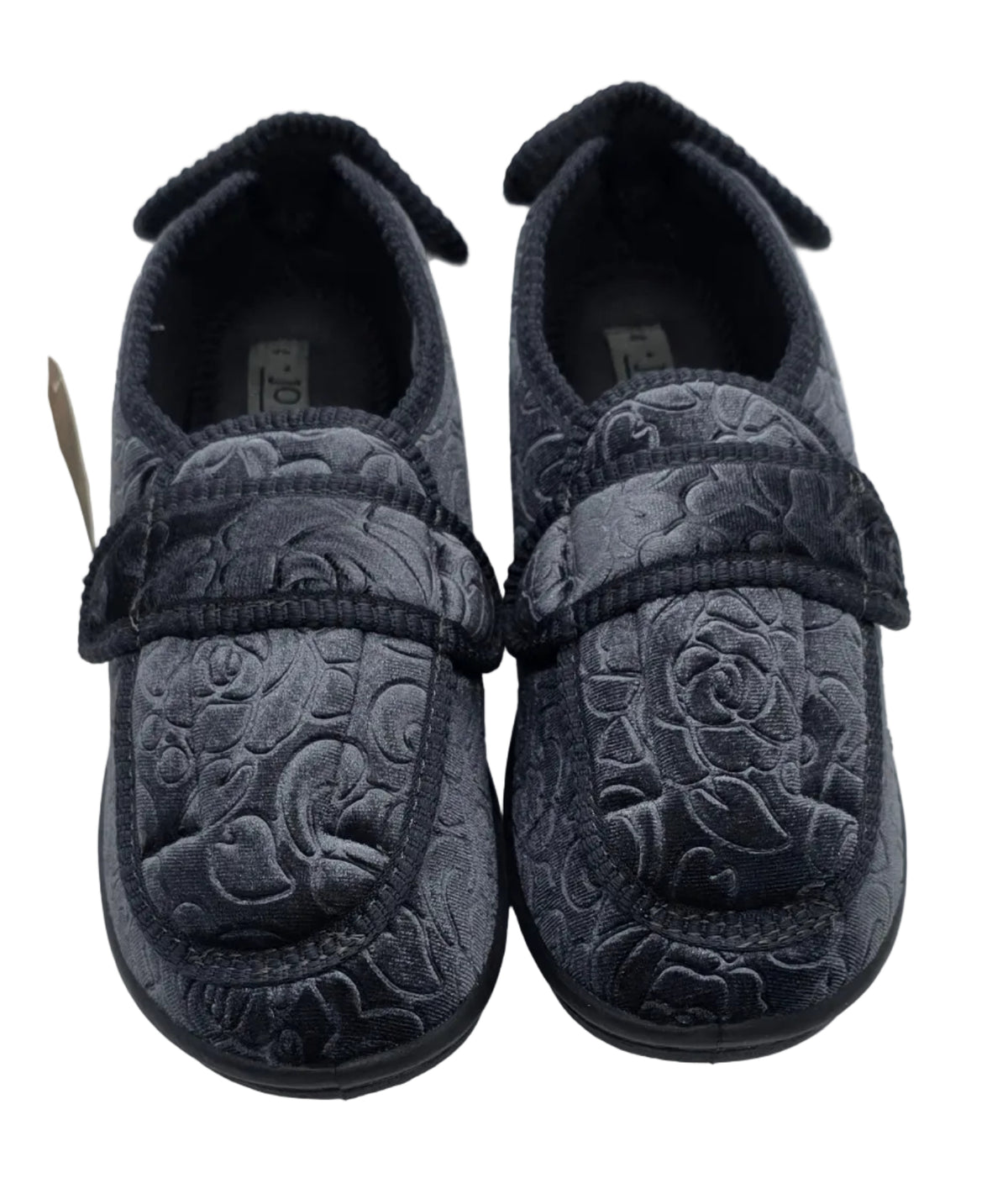 Charcoal closed-back slippers with tonal floral pattern and wide fastening straps