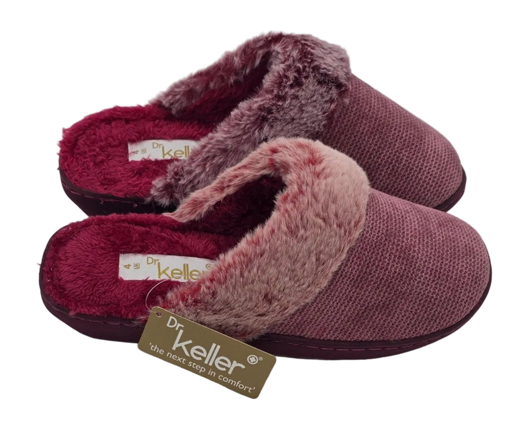 Dr Keller burgundy open-back mule slippers with textured uppers and fluffy plush trim