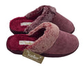 Dr Keller burgundy open-back mule slippers with textured uppers and fluffy plush trim