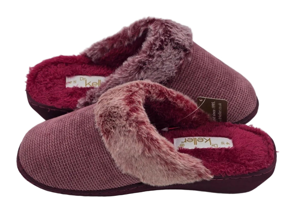 Dr Keller Burgundy Knitted Mule Slippers with Fluffy Trim