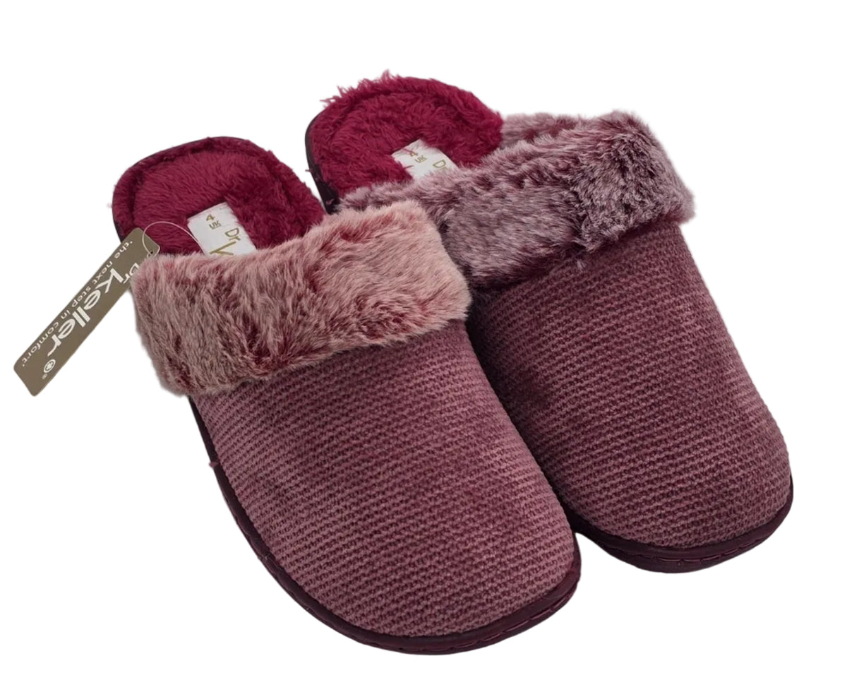Dr Keller Burgundy Knitted Mule Slippers with Fluffy Trim