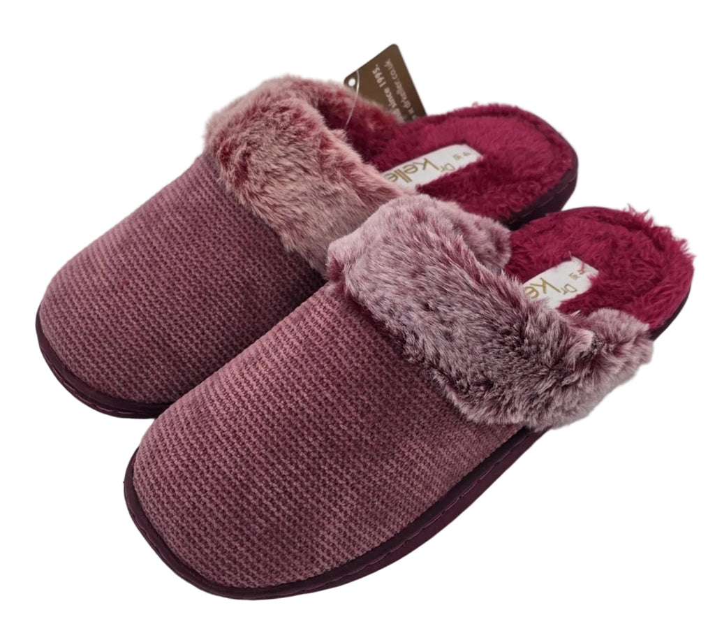 Dr Keller Burgundy Knitted Mule Slippers with Fluffy Trim