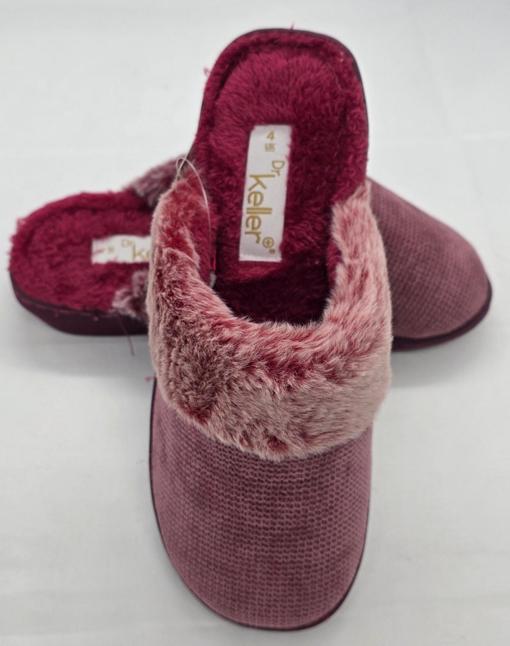 Dr Keller Burgundy Knitted Mule Slippers with Fluffy Trim