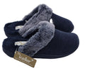Navy open-back mule slippers with grey fluffy trim