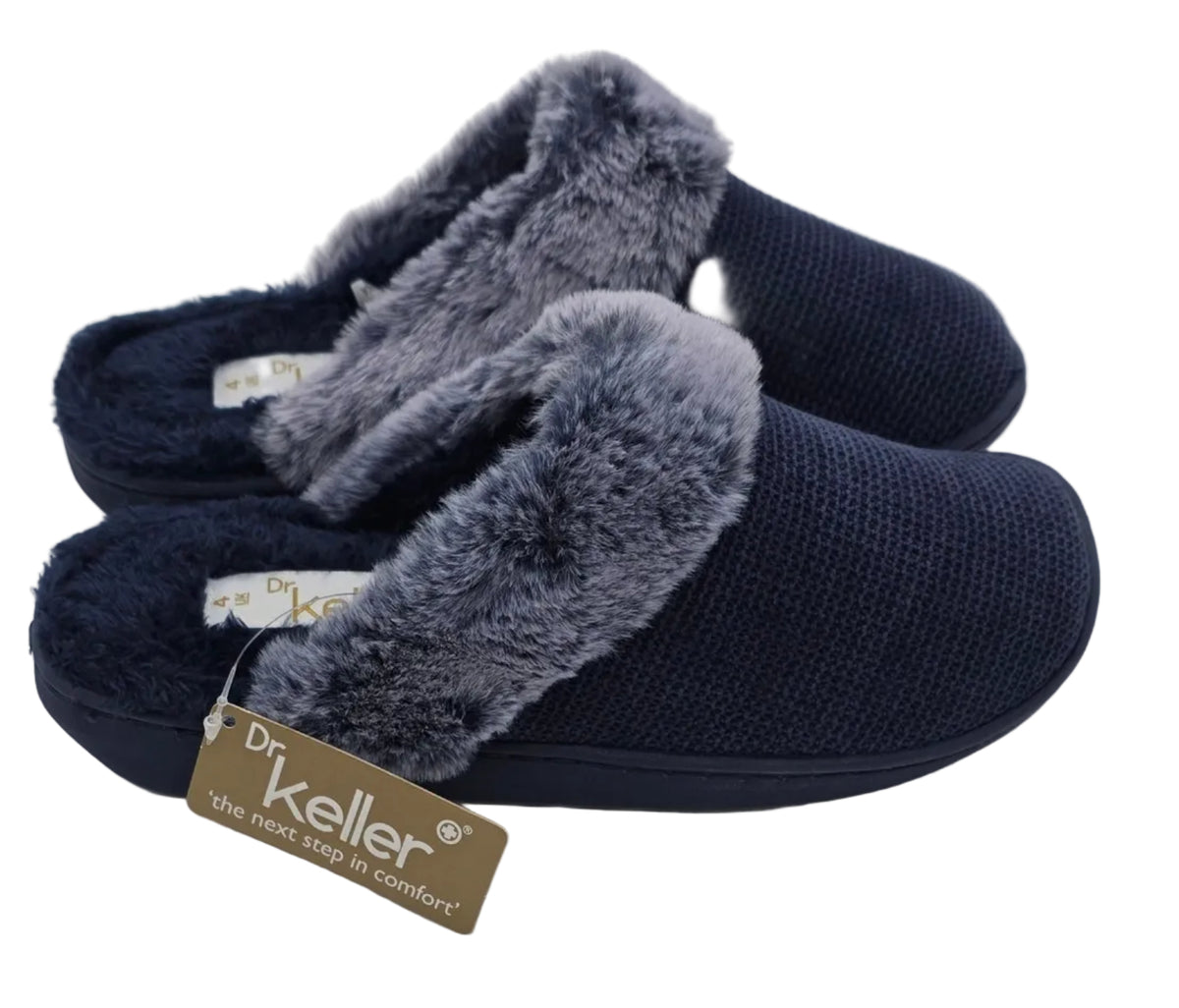 Navy open-back mule slippers with grey fluffy trim