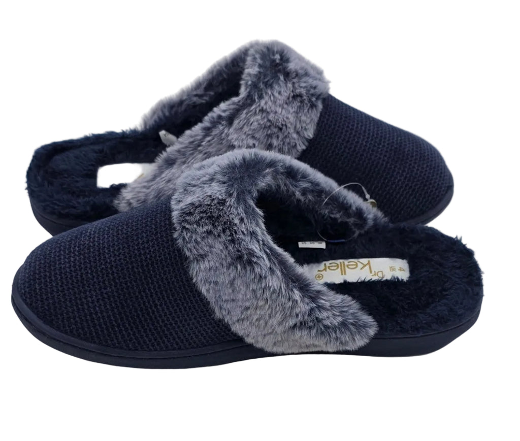 Navy Mule Slippers with Grey Fluffy Trim