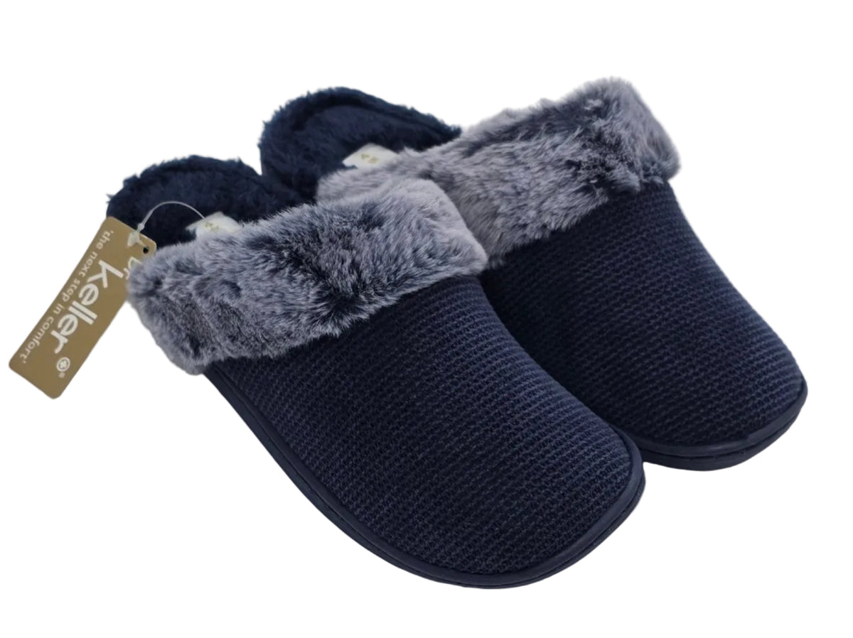 Navy Mule Slippers with Grey Fluffy Trim