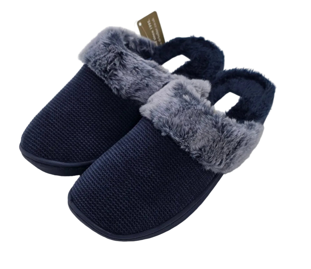 Navy Mule Slippers with Grey Fluffy Trim