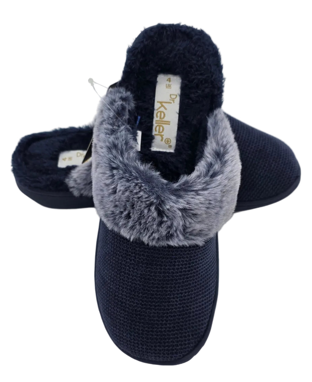 Navy Mule Slippers with Grey Fluffy Trim