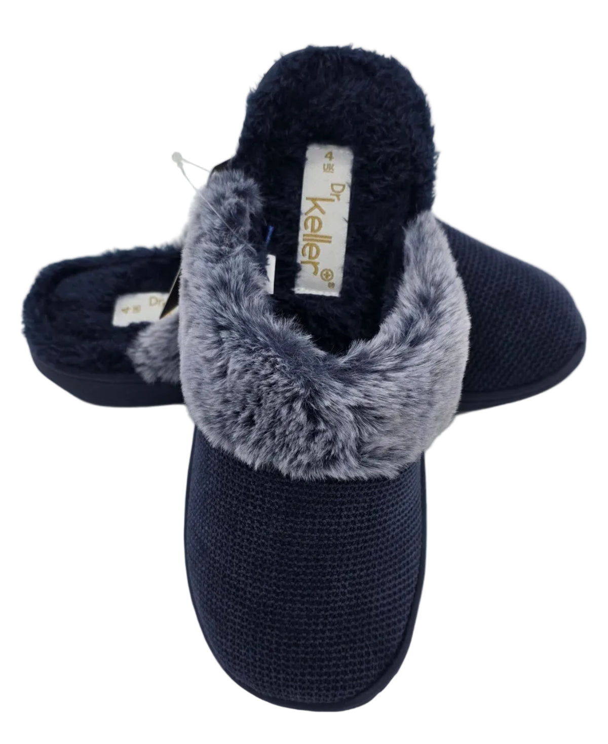 Navy Mule Slippers with Grey Fluffy Trim
