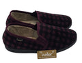 Pair of burgundy and dark checked Dr. Keller slip-on slippers with black soles