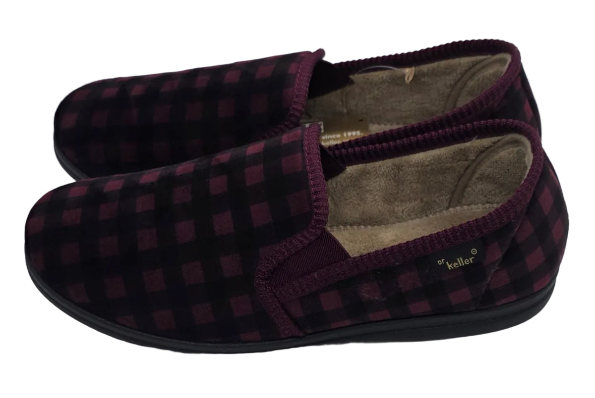 Dr. Keller Checked Slip-On Slippers in Burgundy