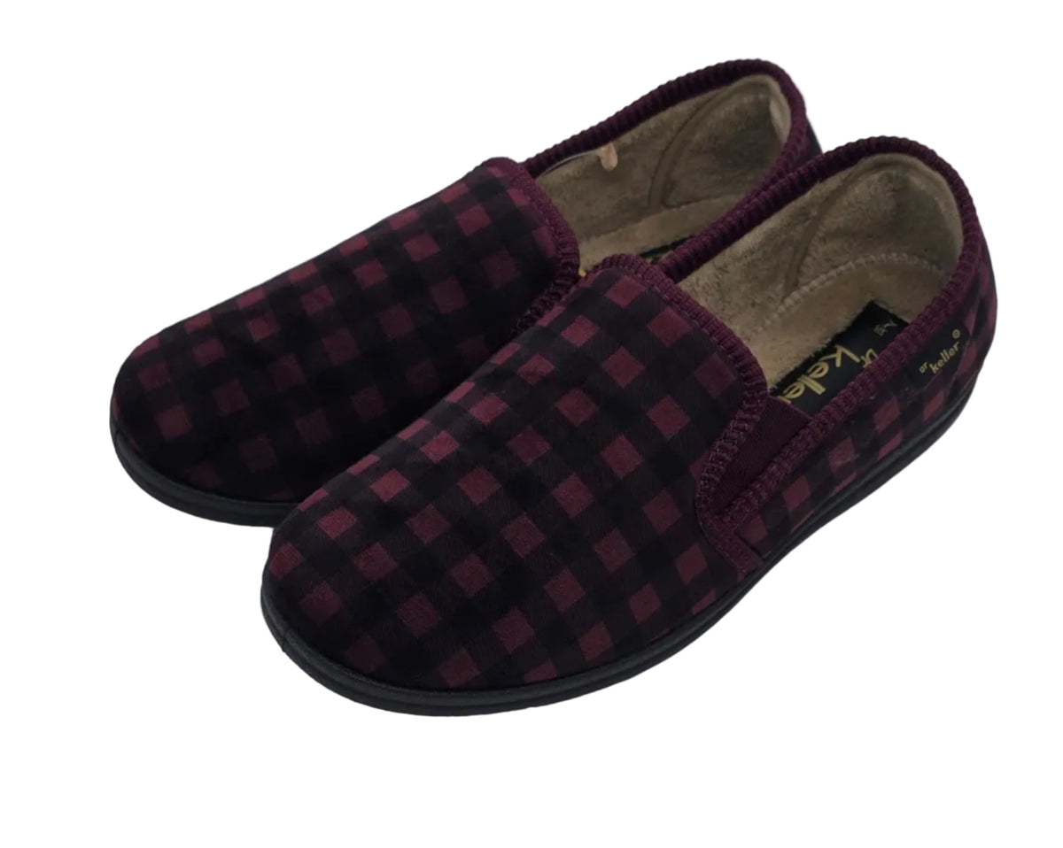 Dr. Keller Checked Slip-On Slippers in Burgundy