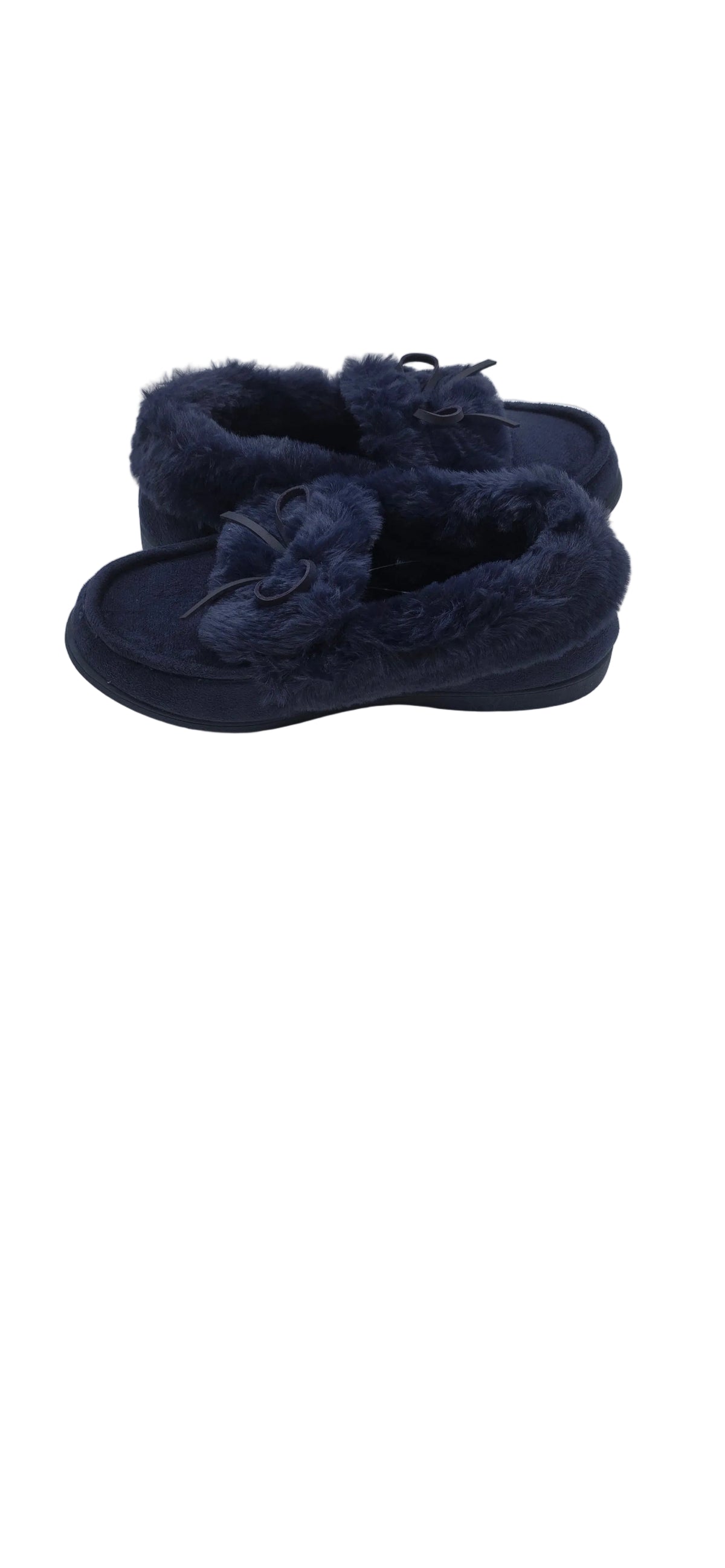 Ladies Navy Faux Fur Moccasin Slipper