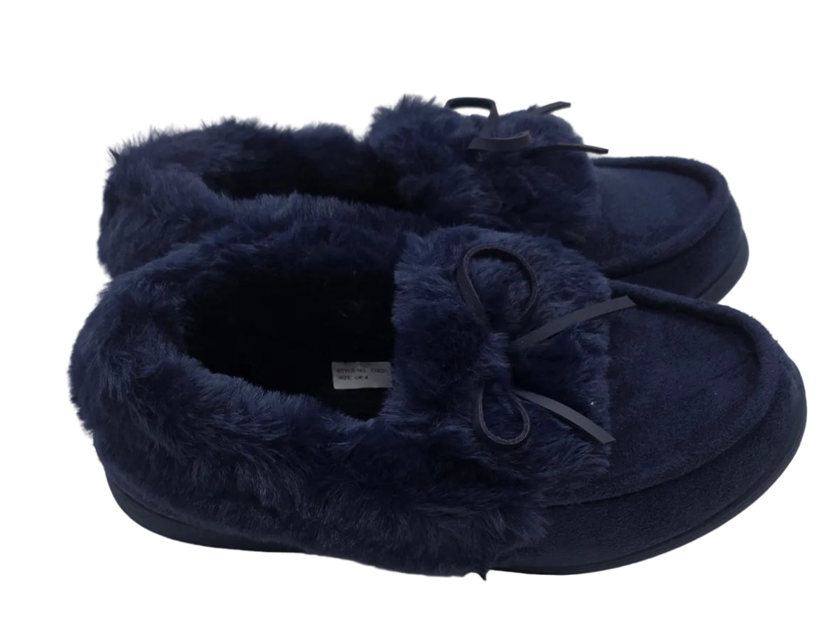 Ladies Navy Faux Fur Moccasin Slipper