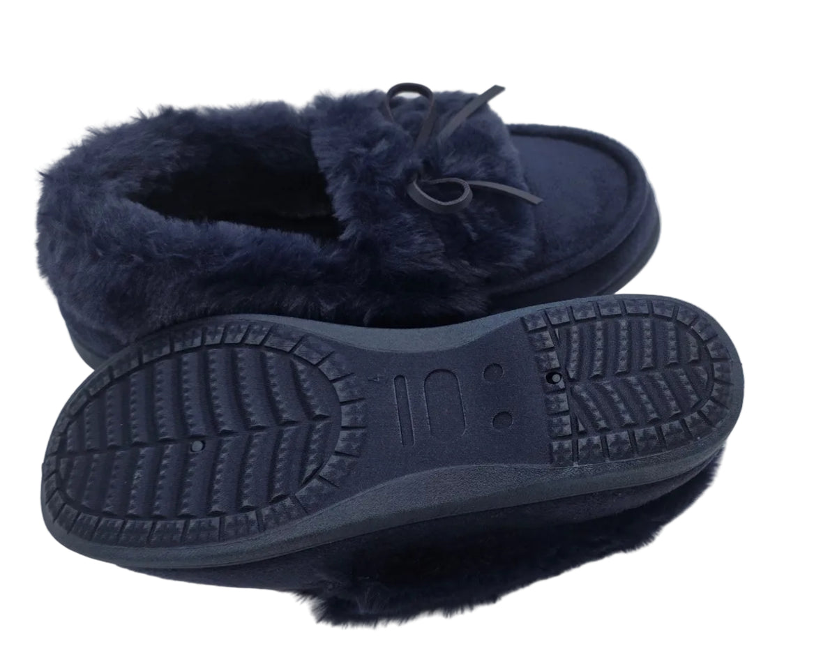 Ladies Navy Faux Fur Moccasin Slipper